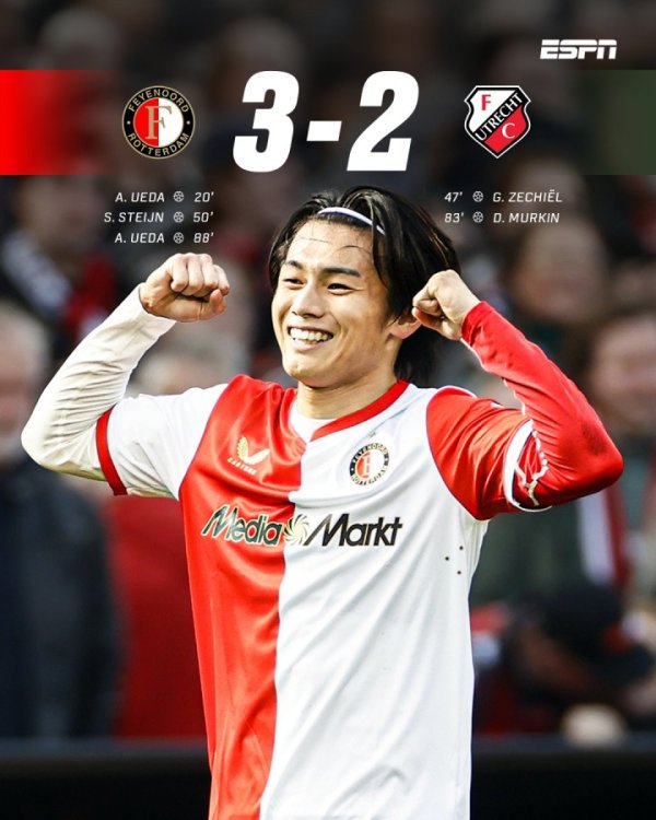 荷甲射手王！上田绮世双响+致胜球  助费耶诺德登顶，8轮荷甲进8球