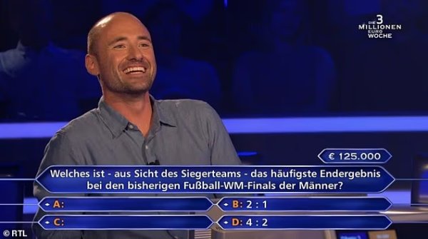 吧友能答对吗？德国男子答错世界杯赛  总决赛  比分，痛失百万元奖金😭