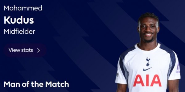 传射建功，英超官方：库杜斯当选热刺2-1利兹联全场最佳球员