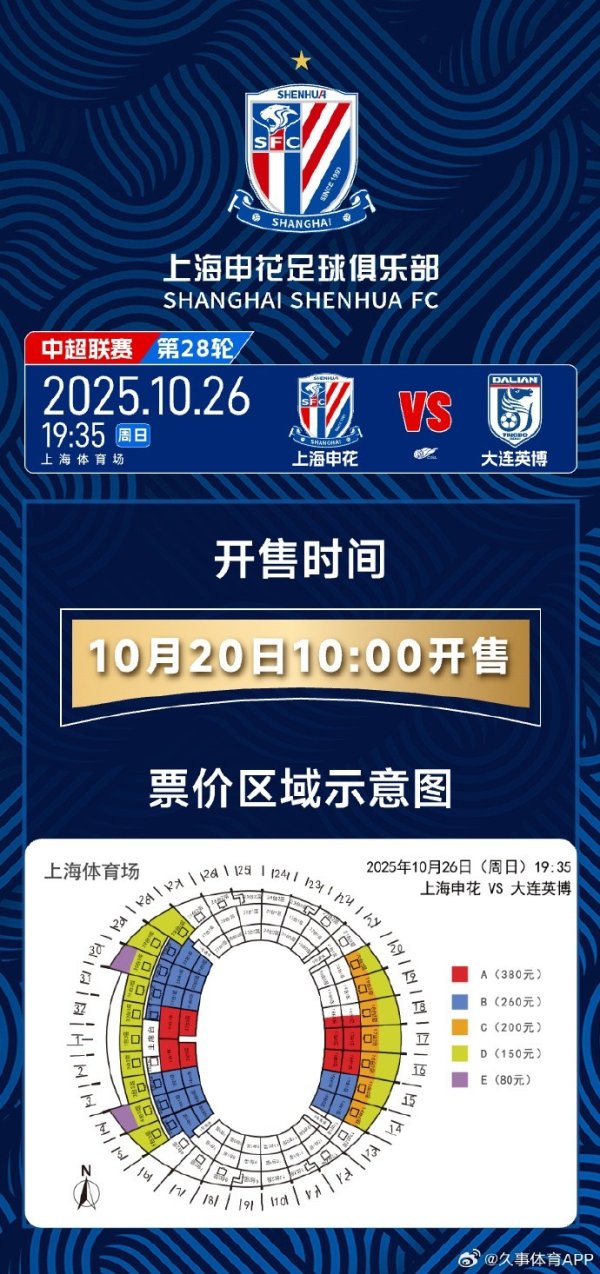 10月20日上午10点！ 2025中超职业联赛   上海申花 VS 大连英博 开票