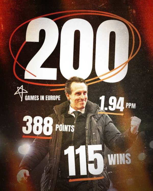 埃梅里完成执教生涯在欧战的200场里程碑，共取得115场获胜  388分